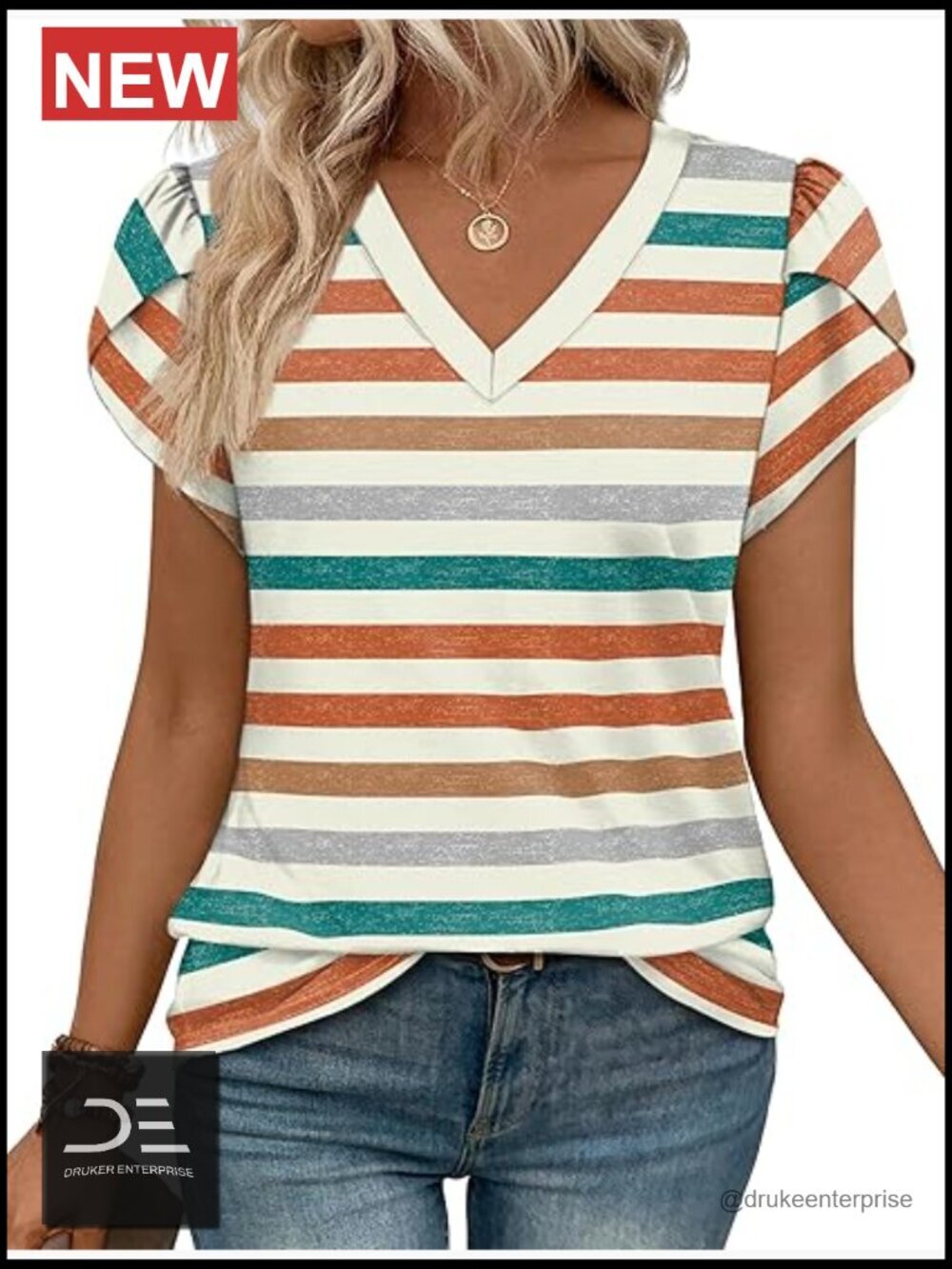 V Neck Petal Sleeve Striped Blouse - Dressy Casual Tunic Top